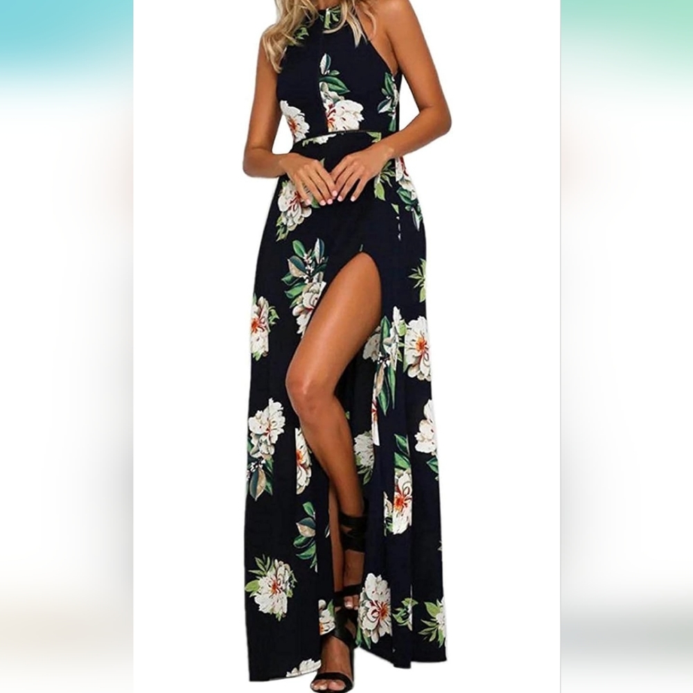 Zesica Navy and White Floral High Slit Open Back Dress